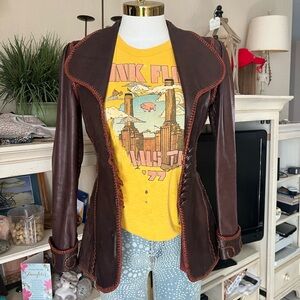 Vintage North Beach Leather Whipstitch Brown Corset Peplum Jacket Blazer RARE